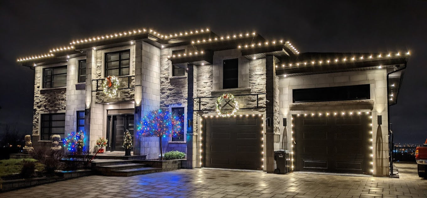 House decorated with LED Christmas lights in Canada